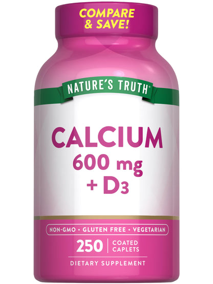 Nature's Truth Calcium 600mg with Vitamin D3 | 250 Caplets | Calcium Carbonate | Vegetarian, Non-GMO & Gluten Free