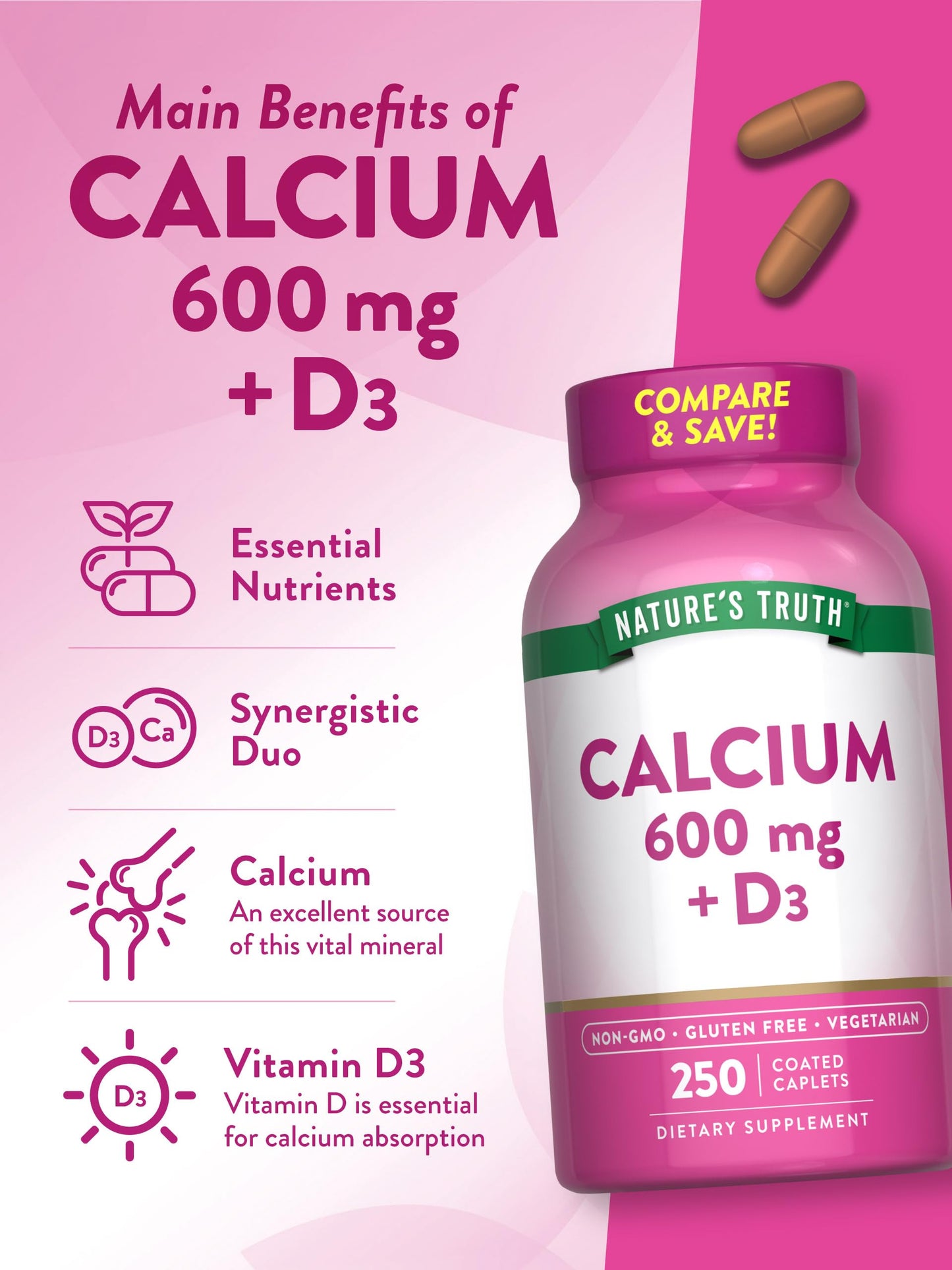 Nature's Truth Calcium 600mg with Vitamin D3 | 250 Caplets | Calcium Carbonate | Vegetarian, Non-GMO & Gluten Free