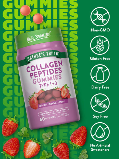 Nature's Truth Collagen Peptide Gummies for Women - Type 1 & 3, 60 Count, Strawberry, Non-GMO & Gluten Free