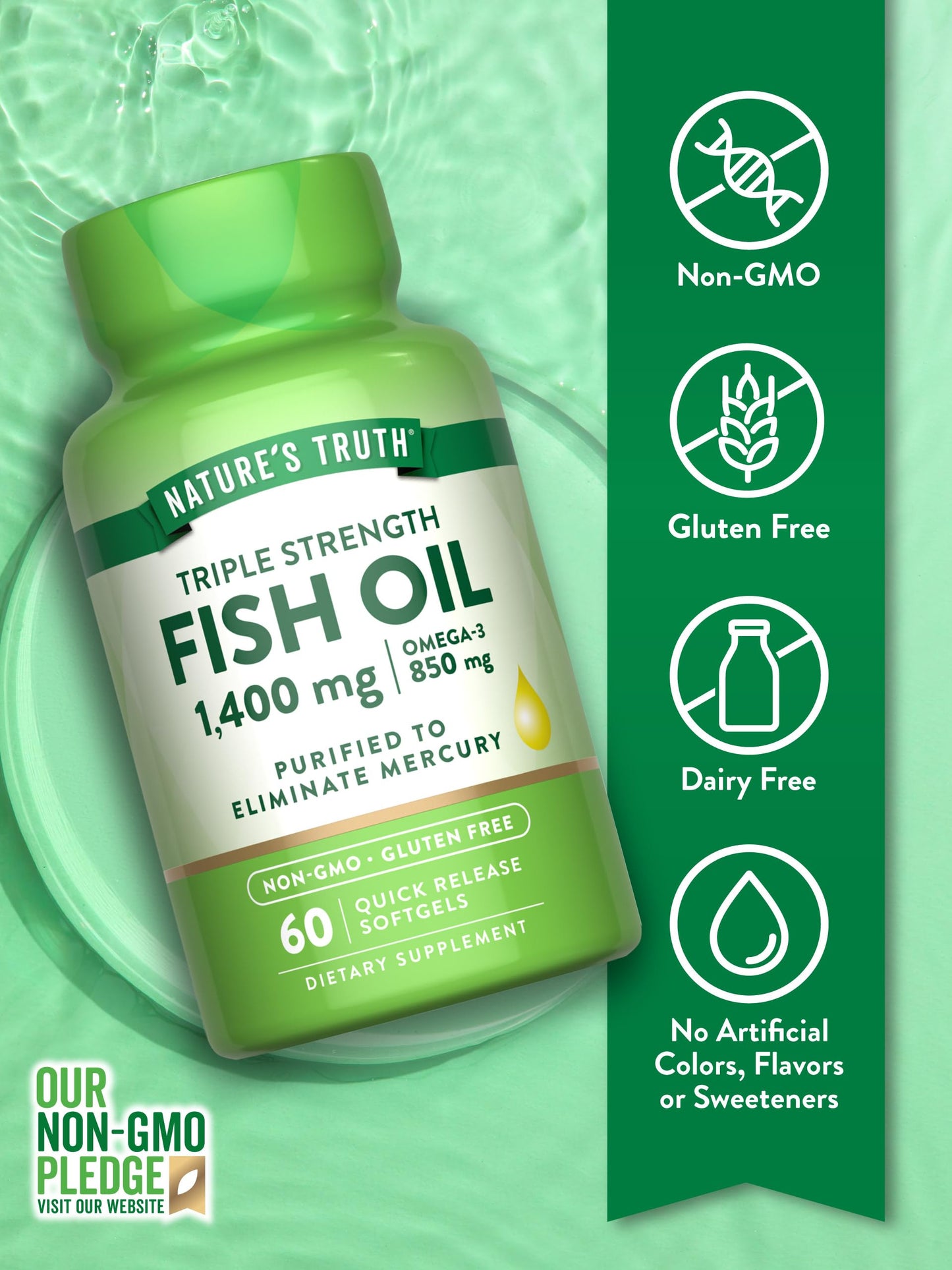 Nature's Truth Triple Strength Fish Oil Softgels - 1400 mg | 60 Count | Active Omega-3 | Non-GMO & Gluten Free