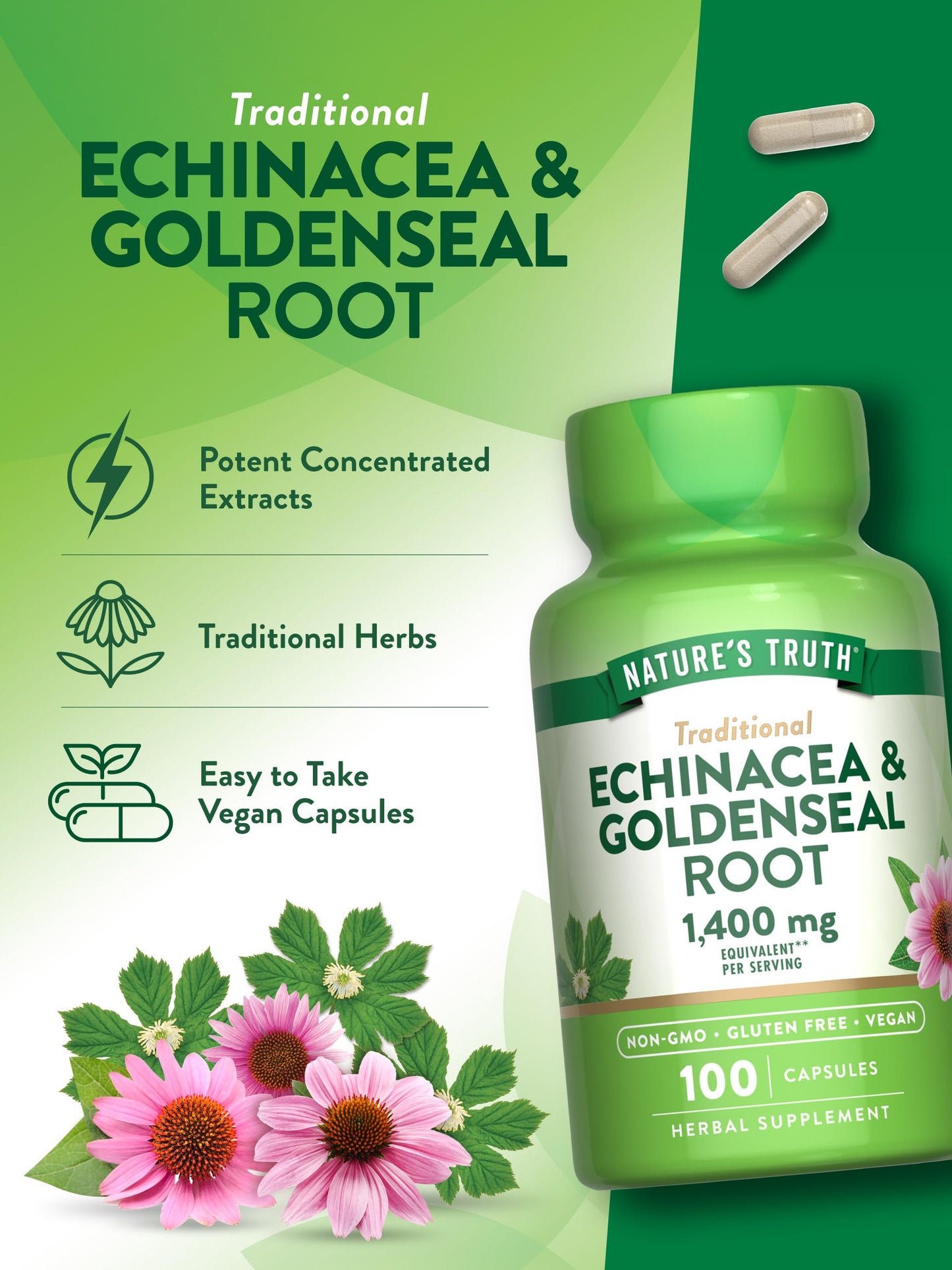 Nature's Truth Echinacea Goldenseal Capsules 1400mg - 100ct | Vegan & Gluten Free