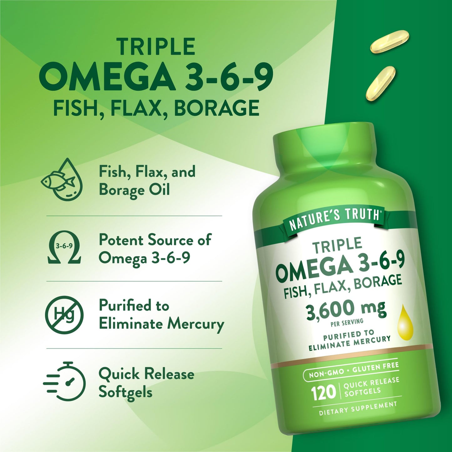 Nature's Truth Omega 3-6-9 Softgels – Triple Strength 3600 mg | Pack of 2