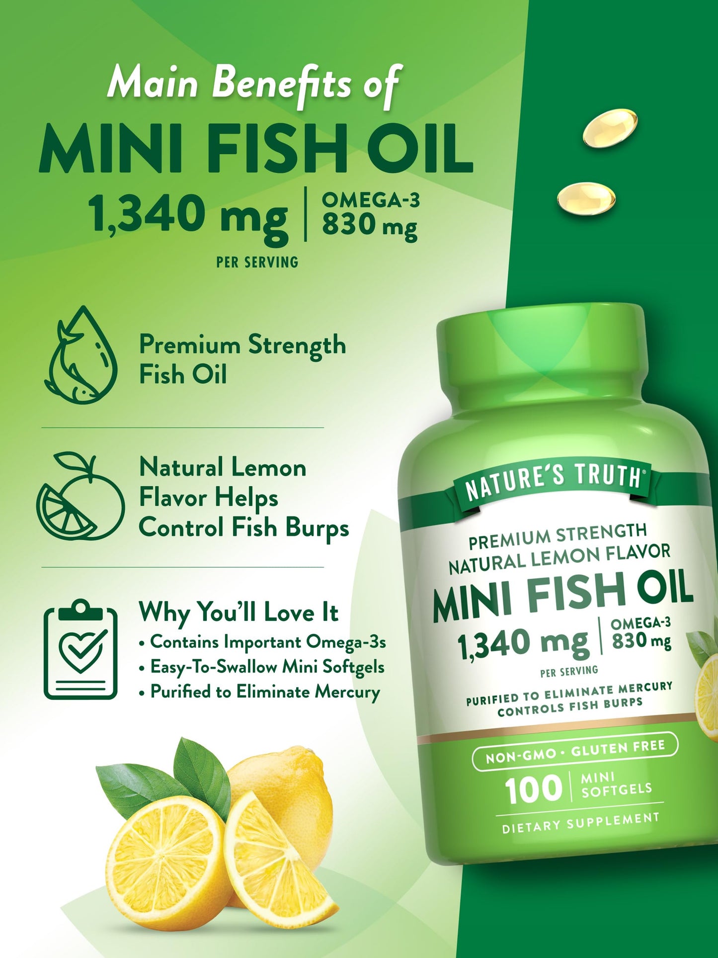 Nature's Truth Mini Fish Oil Omega-3 1340 mg | 100 Softgels | Burpless Lemon