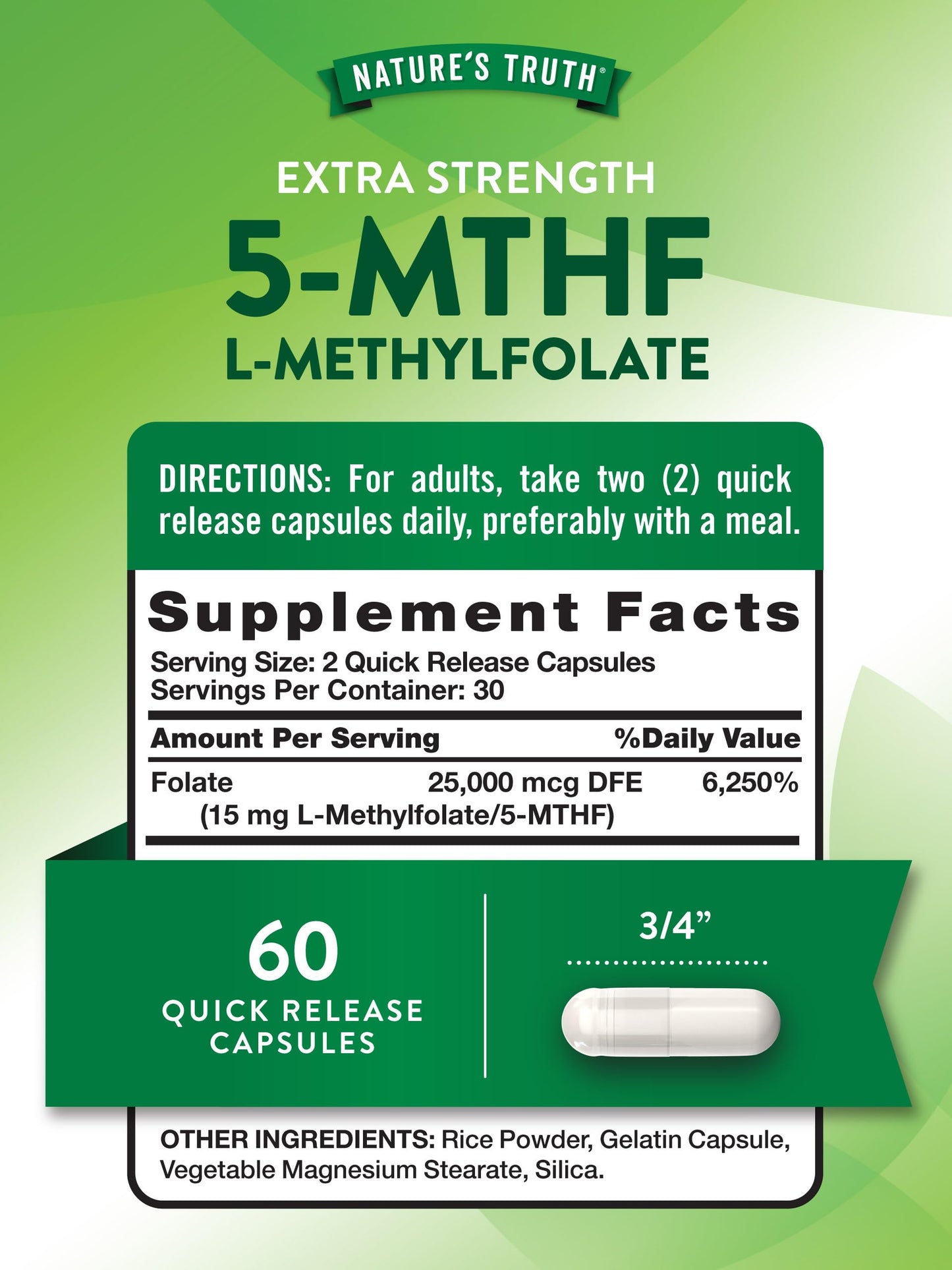 Nature's Truth L-Methylfolate 15mg | 60 Capsules | Non-GMO & Gluten Free | Extra Strength
