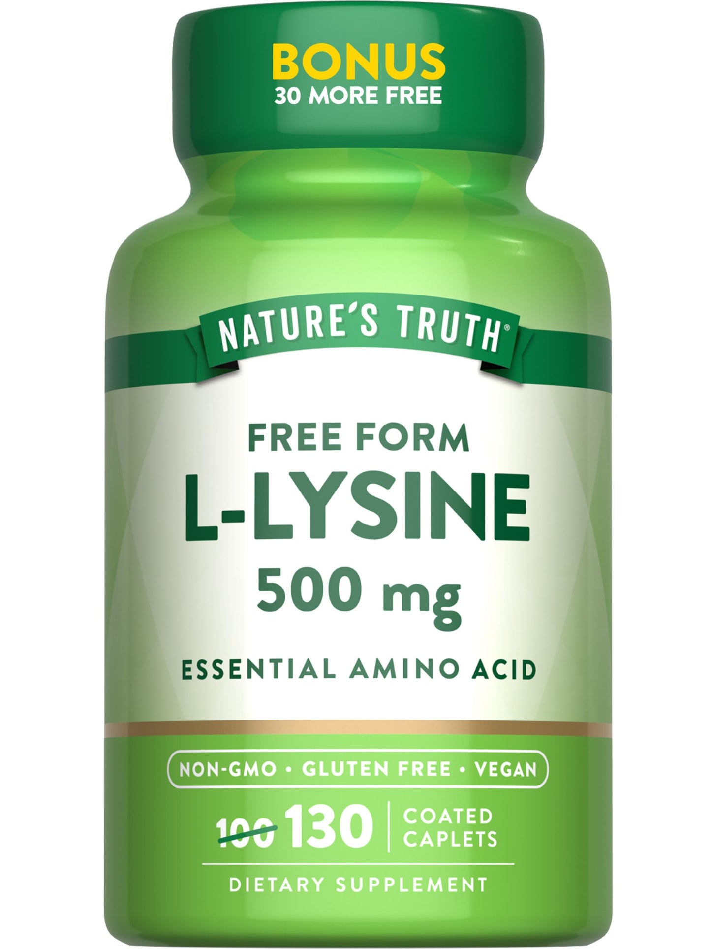 Nature's Truth L-Lysine 500mg | 130 Coated Caplets | Free Form | Essential Amino Acid | Vegan, Non-GMO, Gluten Free
