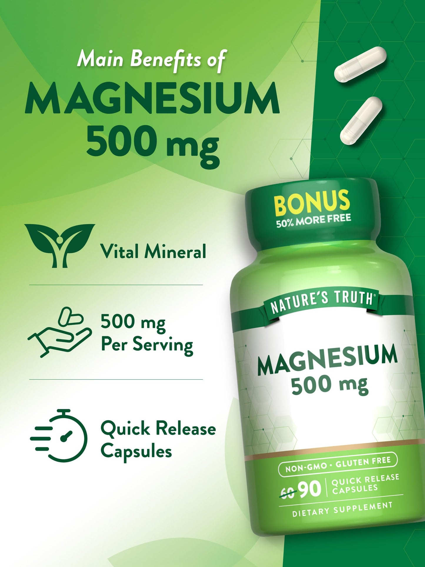 Nature's Truth Magnesium Oxide 500mg Capsules – 90 Count | Non-GMO & Gluten Free High Strength