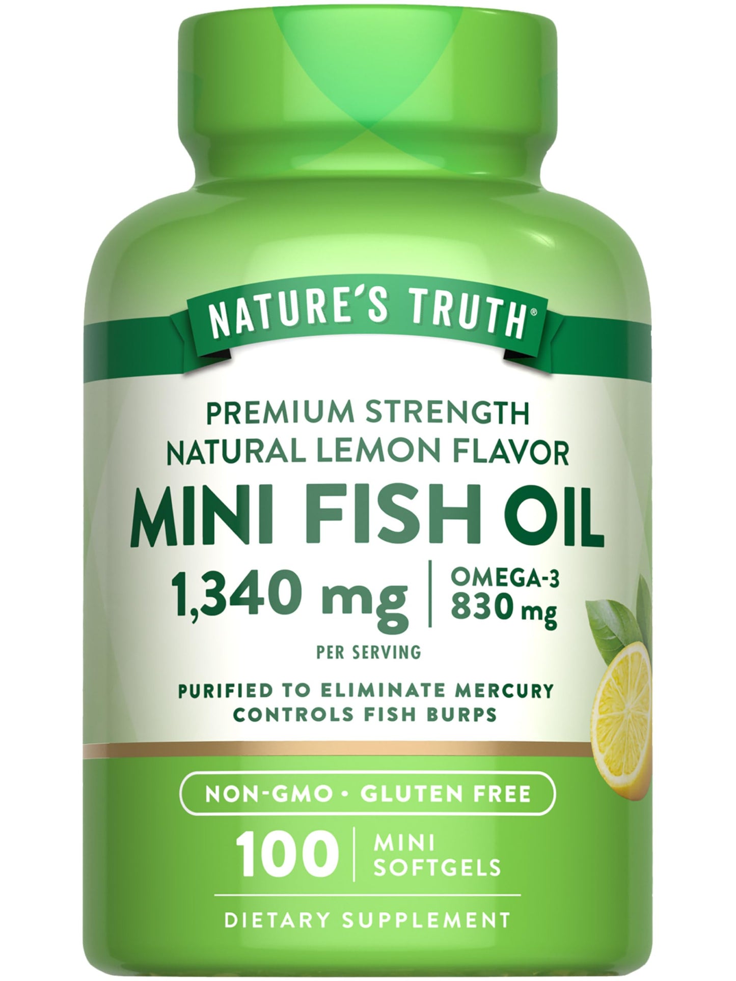 Nature's Truth Mini Fish Oil Omega-3 1340 mg | 100 Softgels | Burpless Lemon