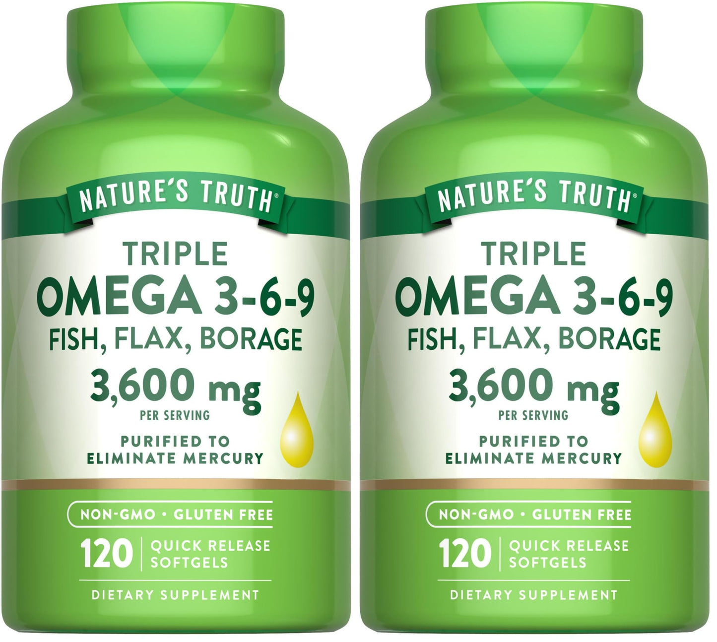 Nature's Truth Omega 3-6-9 Softgels – Triple Strength 3600 mg | Pack of 2