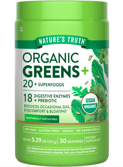 Nature's Truth Organic Greens Blend Powder – 20+ Superfoods, Vegan & Gluten Free