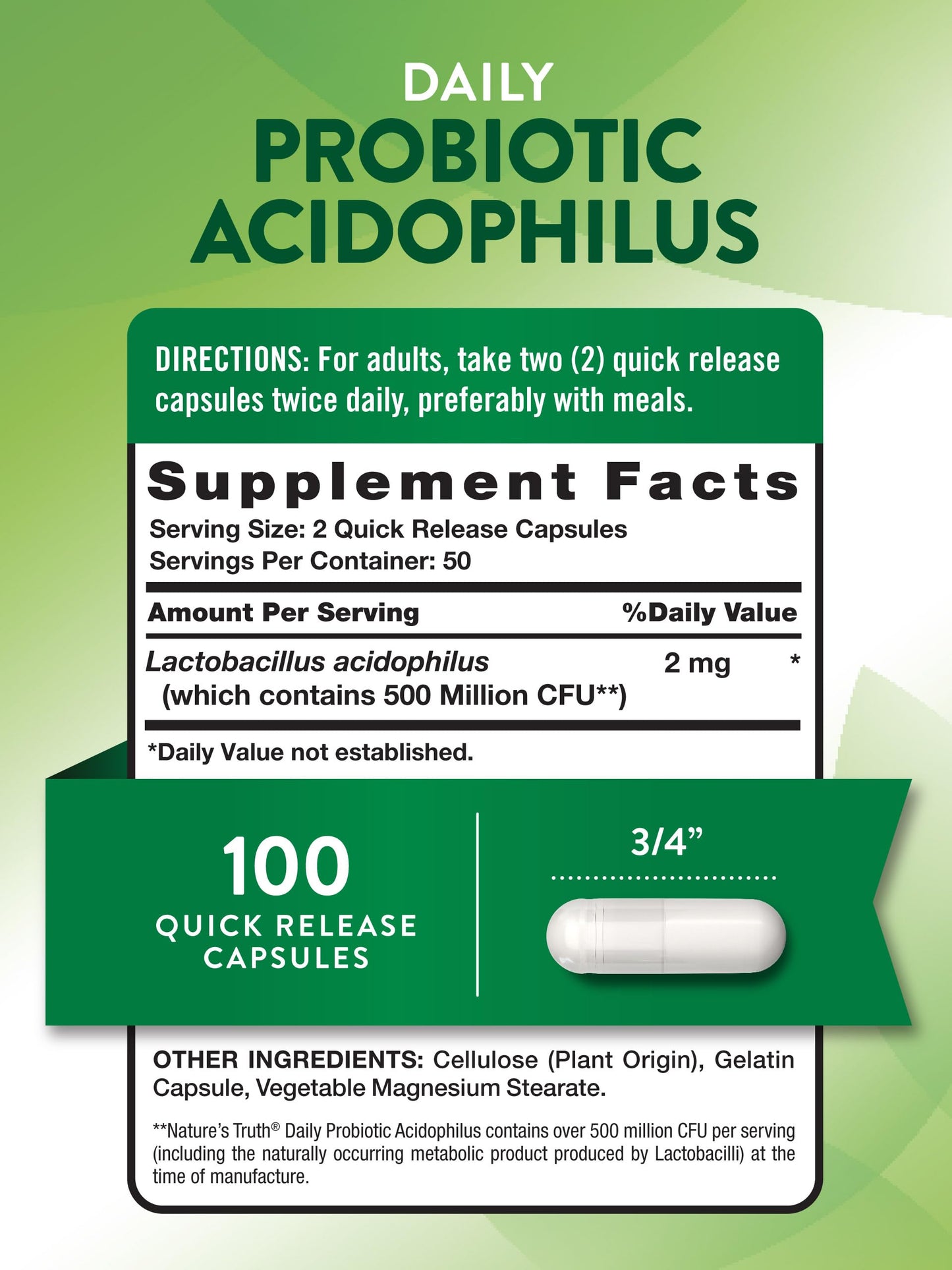 Nature's Truth Probiotics for Men and Women | 500 Million CFU | 100 Capsules | Non-GMO & Gluten Free Supplement