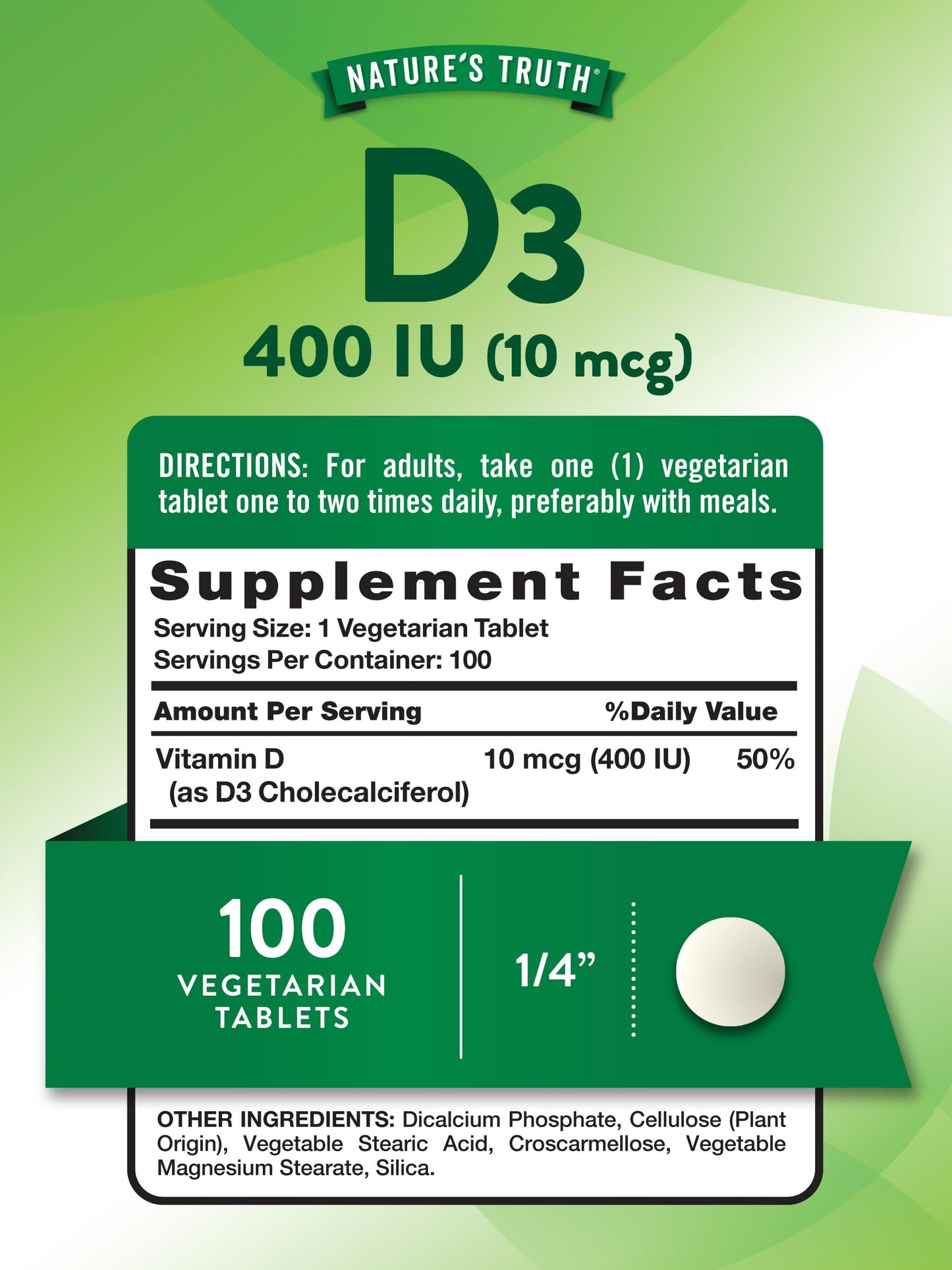 Nature's Truth Vitamin D3 400 IU – 100 Tablets – Pack of 2 | Vegetarian, Non-GMO, Gluten Free