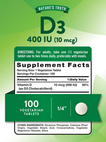 Nature's Truth Vitamin D3 400 IU (10 mcg) – 100 Vegetarian Tablets, Non-GMO & Gluten Free
