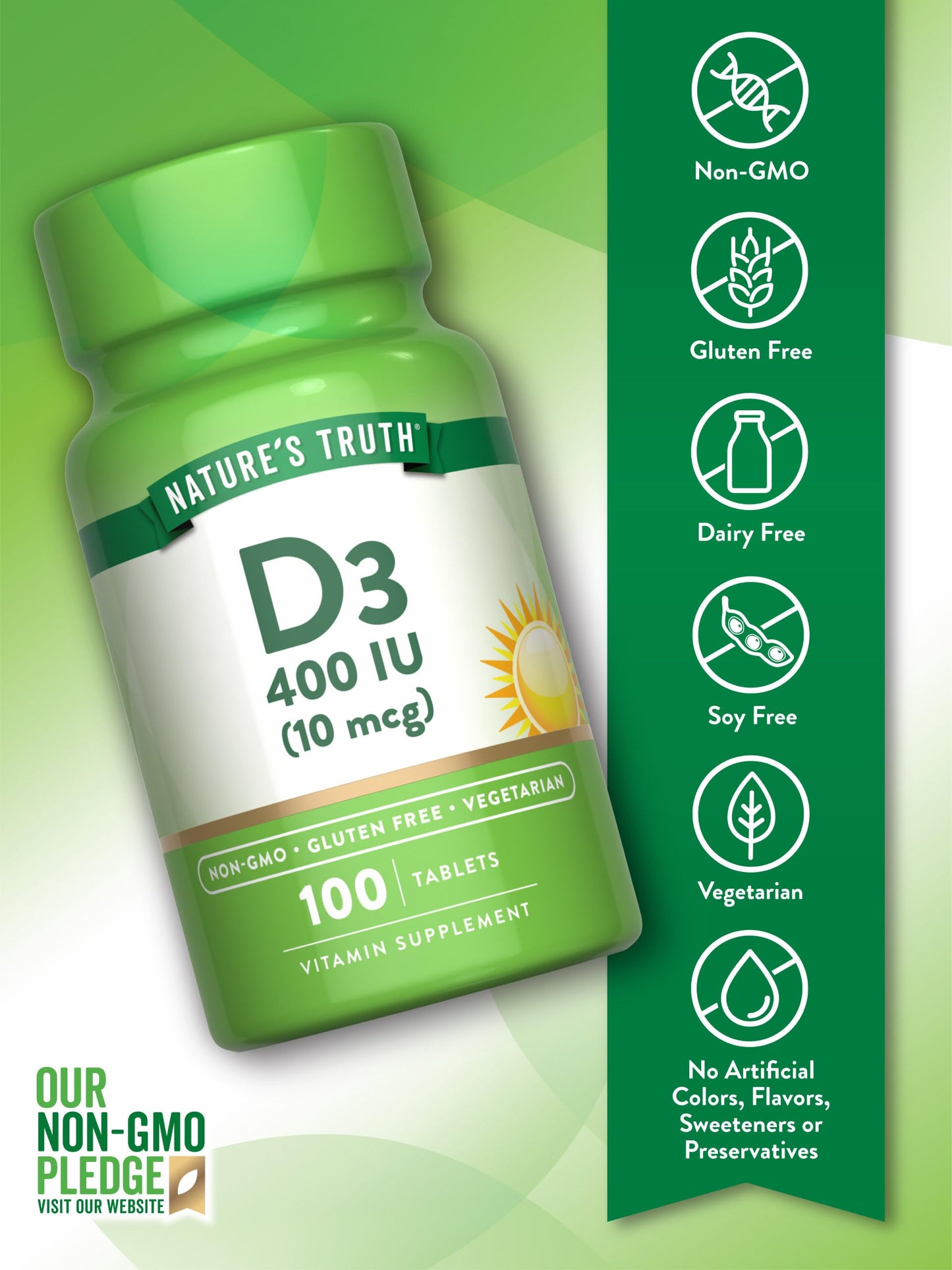 Nature's Truth Vitamin D3 400 IU (10 mcg) – 100 Vegetarian Tablets, Non-GMO & Gluten Free
