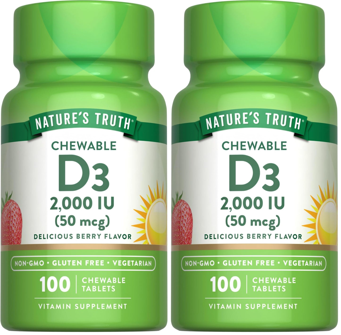 Nature's Truth Chewable Vitamin D3 2,000 IU – Berry Flavor | 100 Tablets | Vegetarian, Non-GMO, Gluten Free | Pack of 2