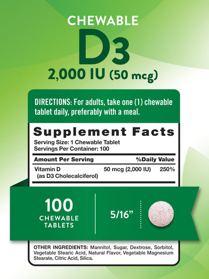 Nature's Truth Chewable Vitamin D3 2,000 IU – Berry Flavor | 100 Tablets | Vegetarian, Non-GMO, Gluten Free | Pack of 2
