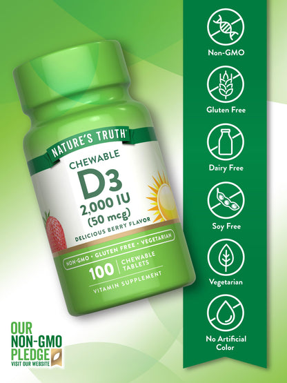 Nature's Truth Chewable Vitamin D3 2,000 IU – Berry Flavor | 100 Tablets | Vegetarian, Non-GMO, Gluten Free | Pack of 2