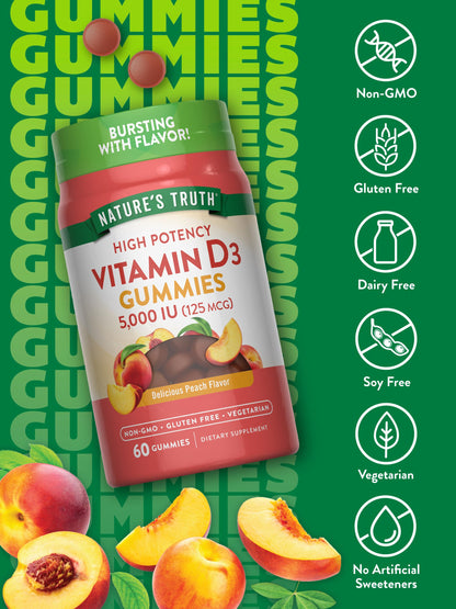 Nature's Truth Vitamin D3 Gummies 5000 IU Peach Flavor – Vegetarian, Non-GMO, Gluten Free | 60 Count