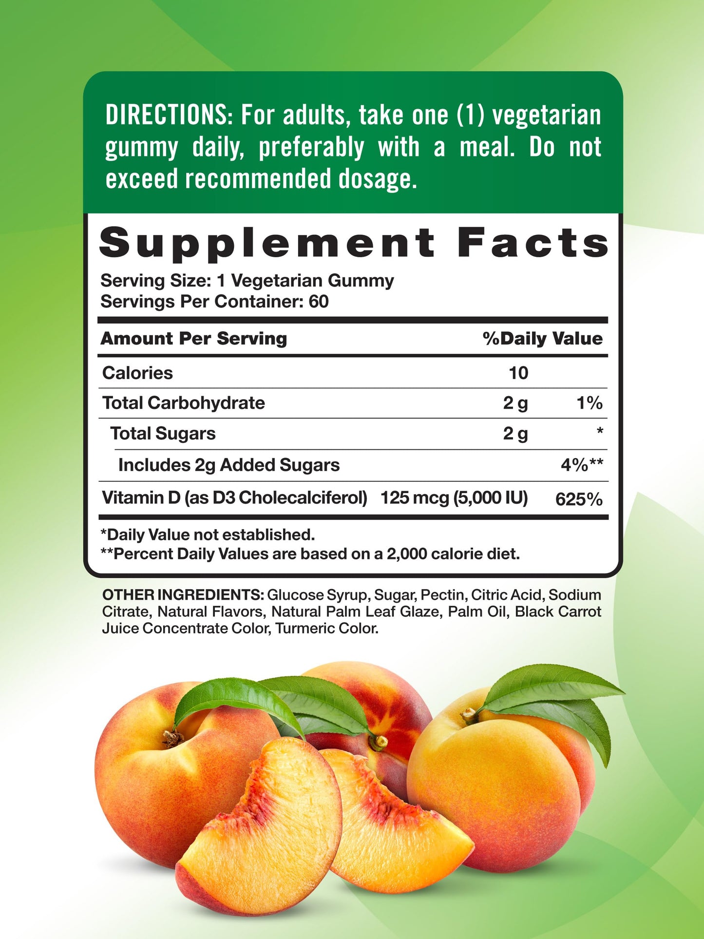 Nature's Truth Vitamin D3 Gummies 5000 IU Peach Flavor – Vegetarian, Non-GMO, Gluten Free | 60 Count