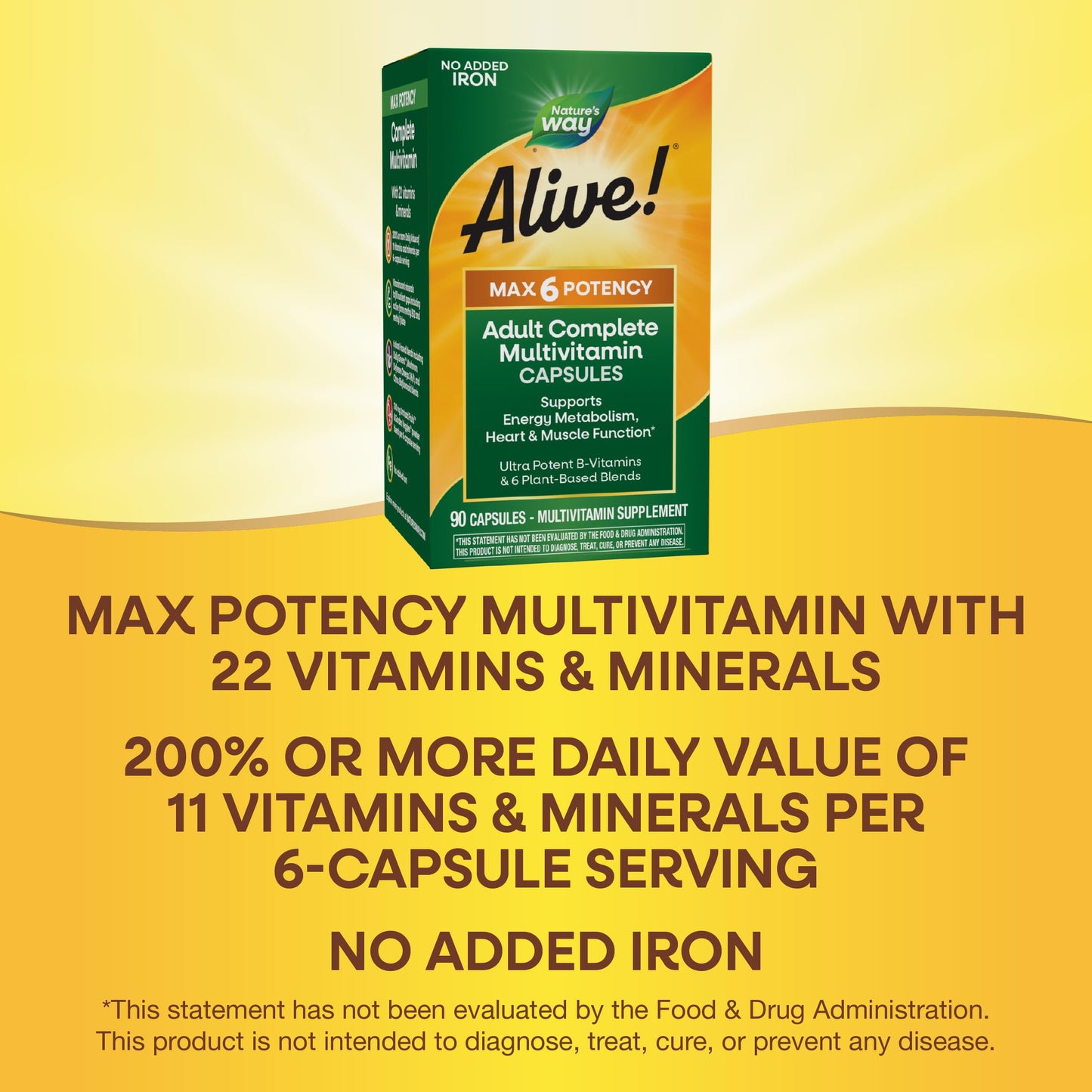 Nature's Way Alive! Max6 Potency Adult Complete Multivitamin – 22 Vitamins, 6 Plant Blends, No Added Iron | 90 Capsules