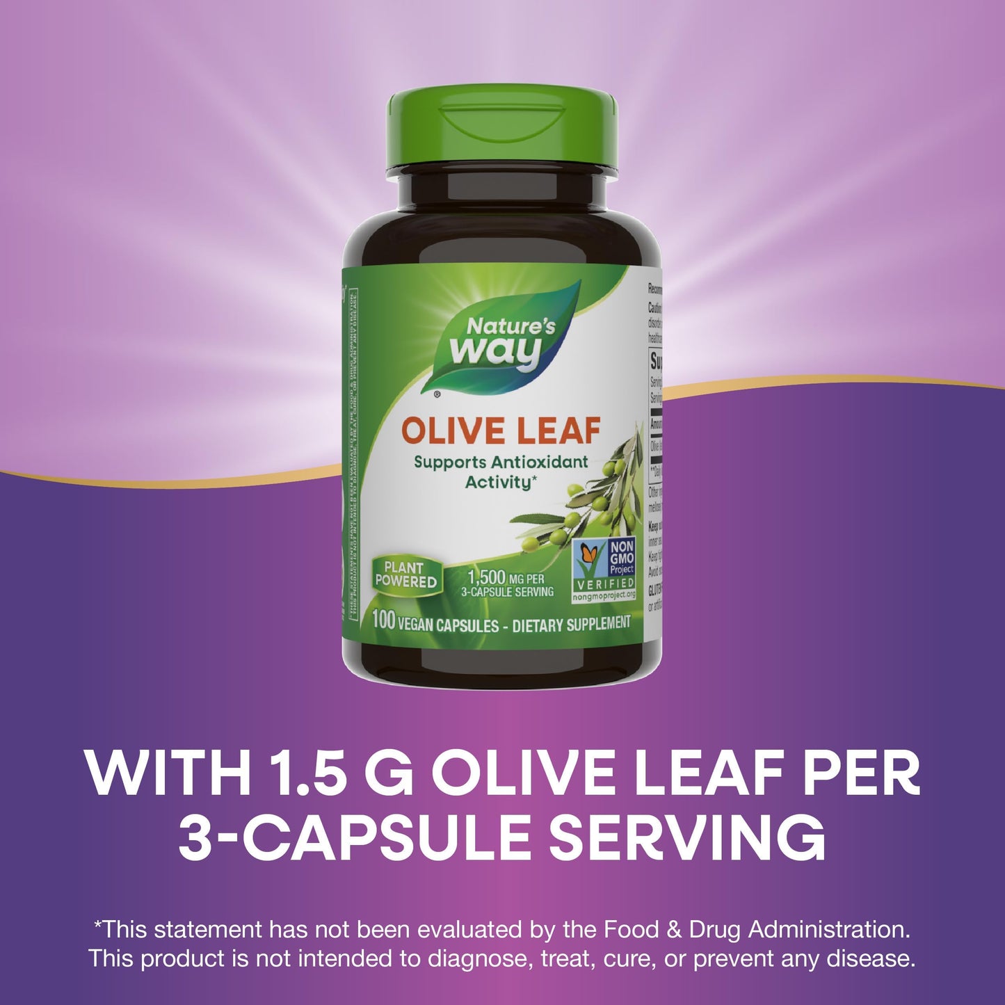 Nature's Way Olive Leaf 1,500 mg per 3-Capsule Serving – Antioxidant Support | Vegan, Non-GMO, Gluten Free