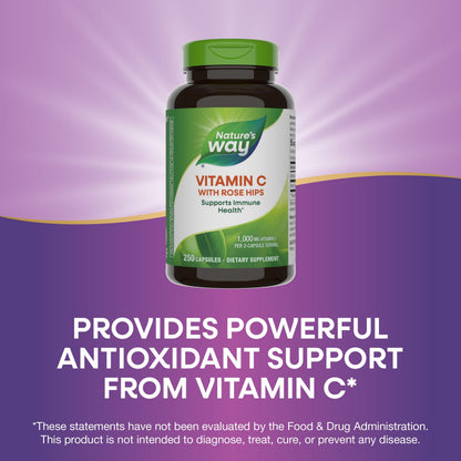 Nature's Way Vitamin C with Rose Hips – 1000 mg per 2-Capsule Serving, Immune Support & Skin Health (500 Capsules)