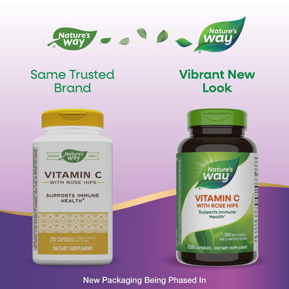 Nature's Way Vitamin C with Rose Hips – 1000 mg per 2-Capsule Serving, Immune Support & Skin Health (500 Capsules)