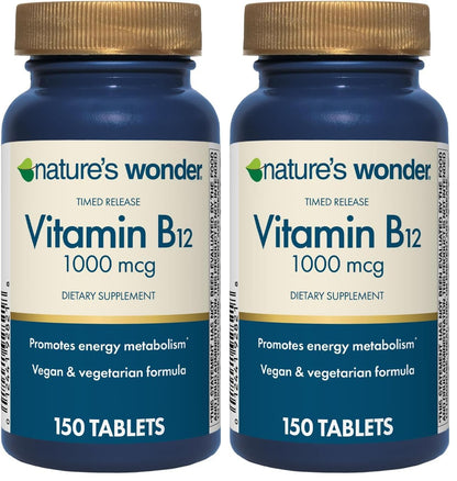 Nature's Wonder Vitamin B12 1000 mcg Timed-Release Tablets – Energy Metabolism, Brain & Nervous System Health, 150 Day Supply (Pack of 2)