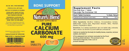 Nature's Blend Pure Calcium Carbonate 600 mg - 100 Tabs (1684) | Gluten Free