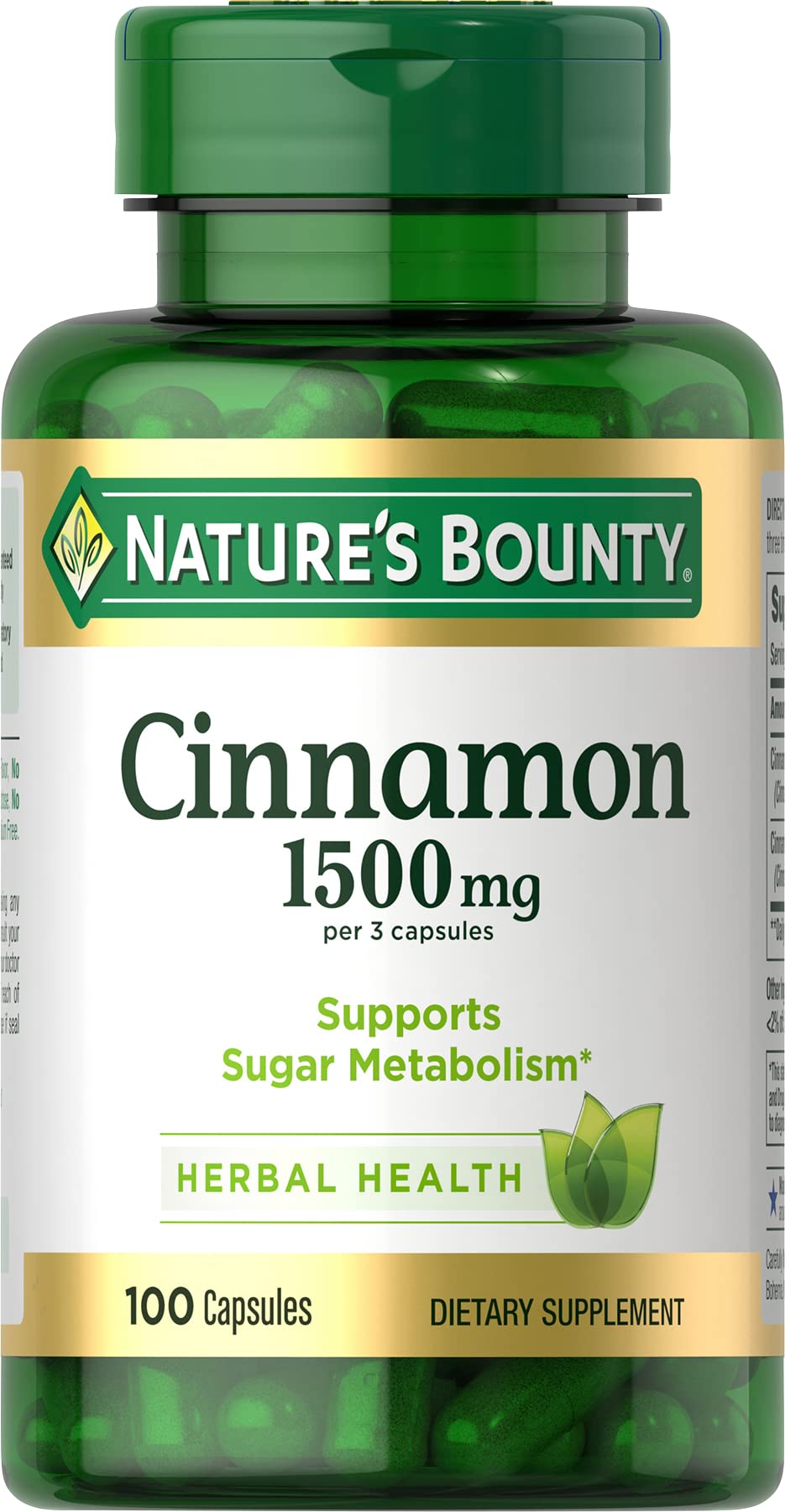 Nature's Bounty Cinnamon Capsules 1500 mg | Supports Sugar Metabolism & Heart Health | 100 Capsules