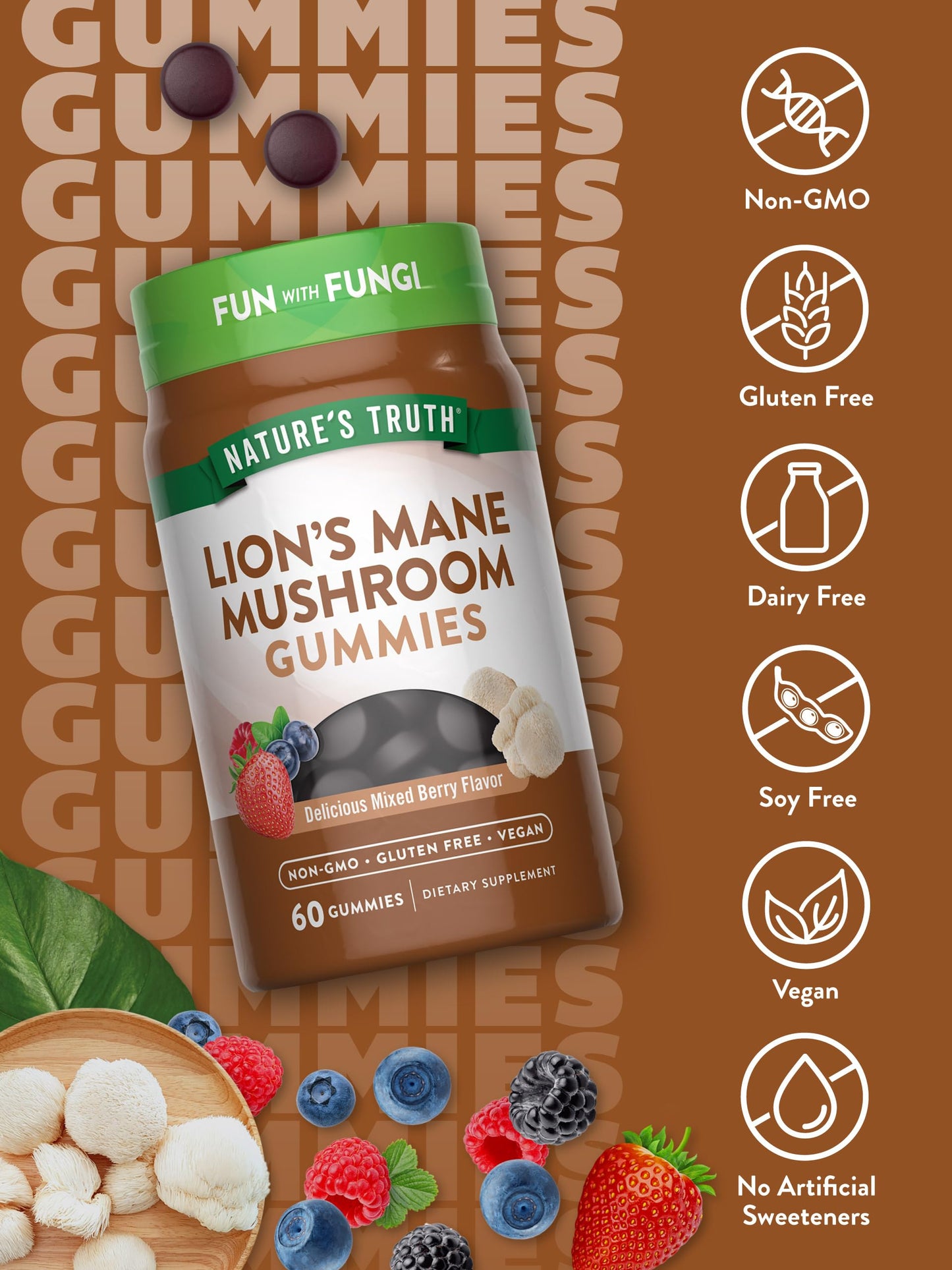 Nature's Truth Lion’s Mane Gummies – 60 Count, Mixed Berry, Vegan & Non-GMO