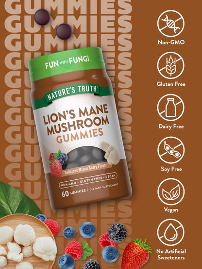 Nature's Truth Lion’s Mane Gummies – 60 Count, Mixed Berry, Vegan & Non-GMO