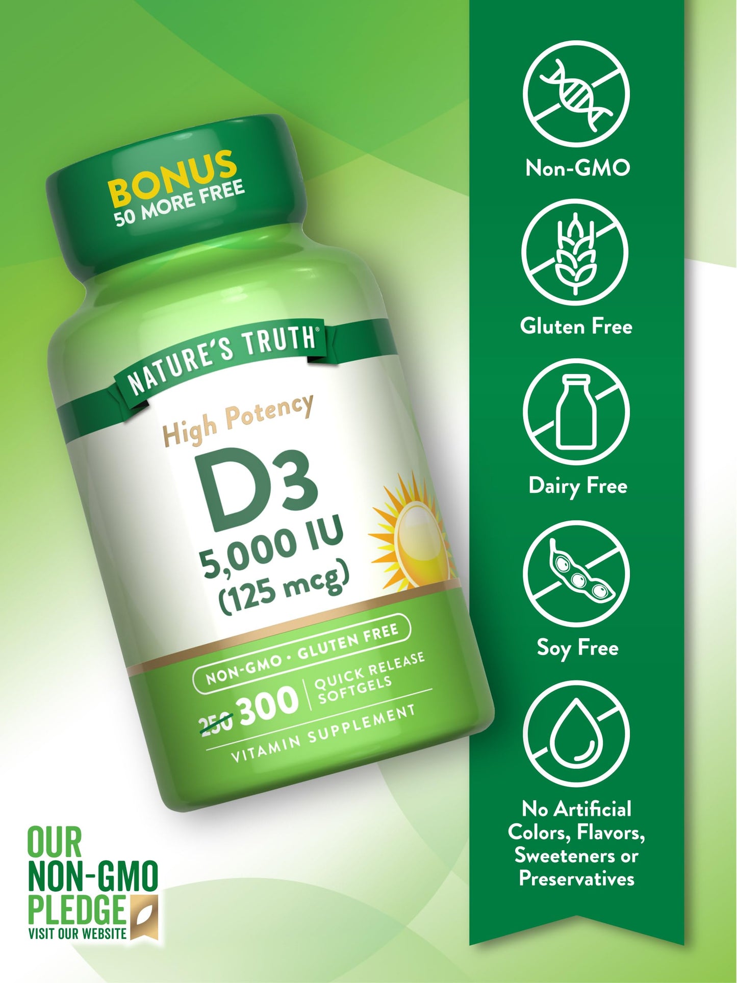 Nature's Truth Vitamin D3 5000 IU – 300 Softgels | Non-GMO, Gluten Free