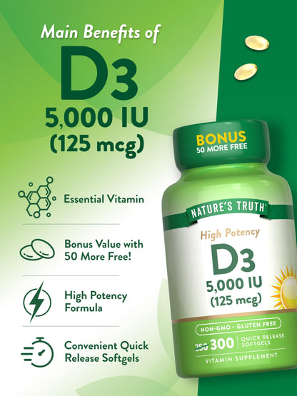 Nature's Truth Vitamin D3 5000 IU – 300 Softgels | Non-GMO, Gluten Free