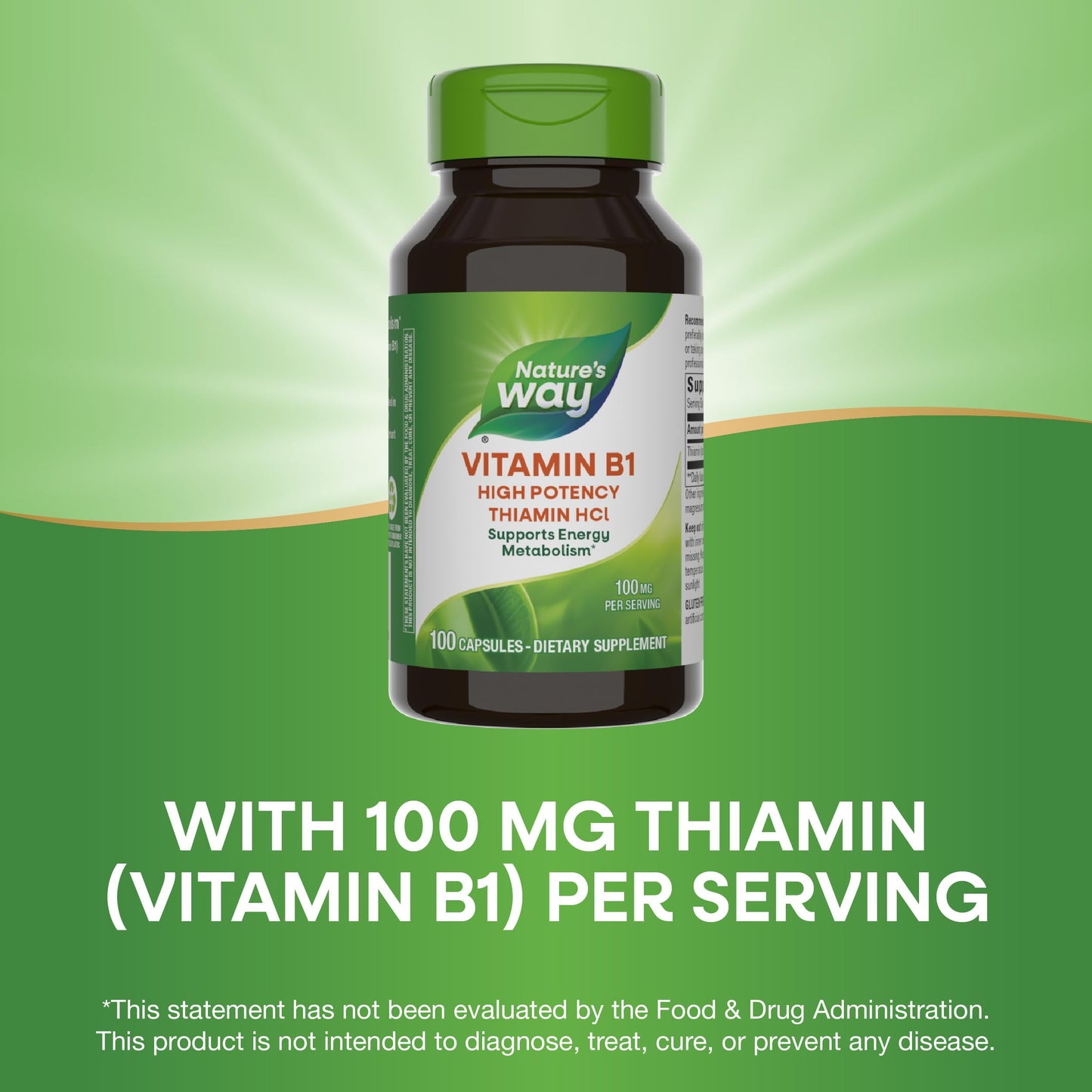 Nature's Way Vitamin B1 100 mg Thiamin HCl – High Potency, Gluten Free, 100 Caps (Packaging May Vary)