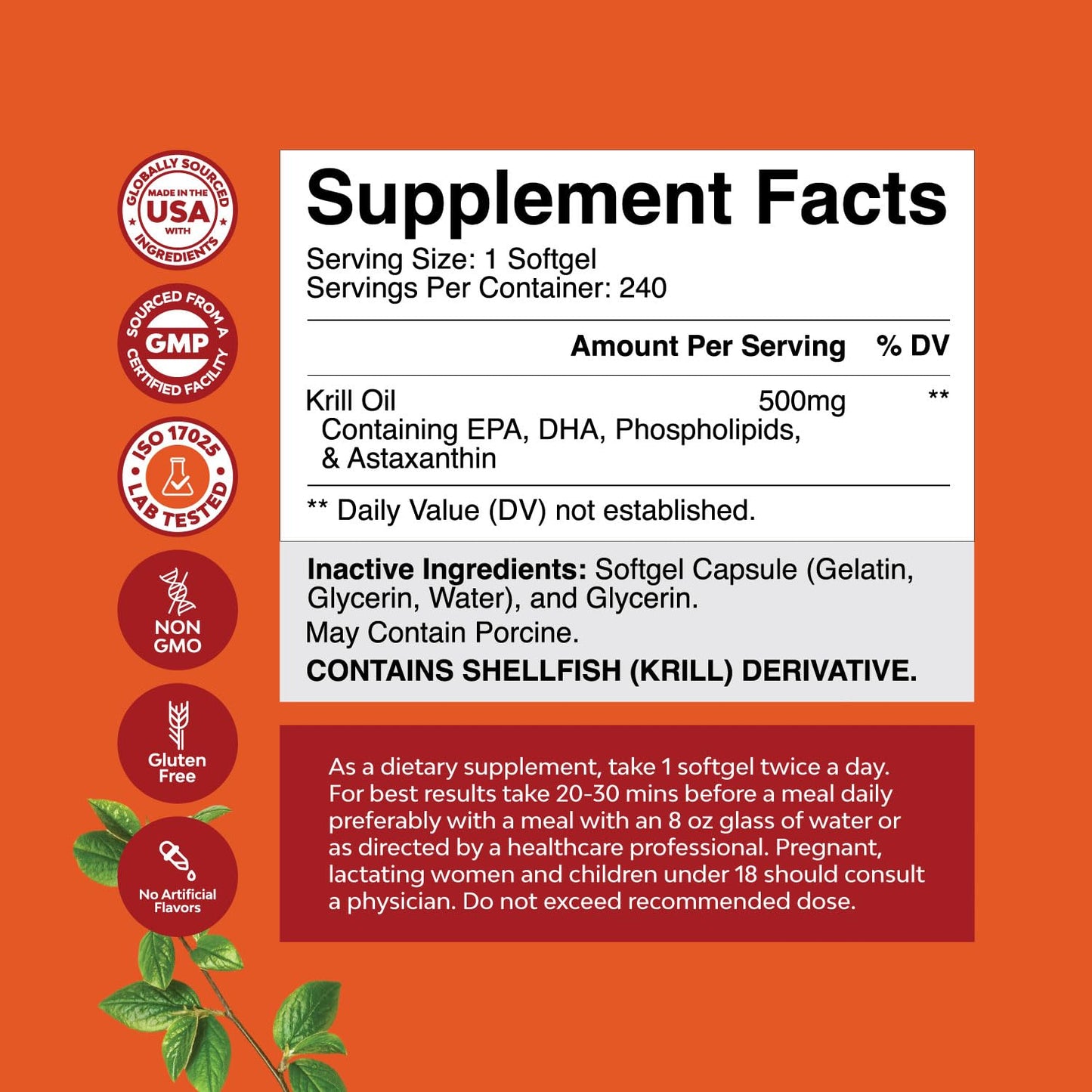 Natures Craft Antarctic Krill Oil 500mg Softgels - Omega-3 EPA/DHA + Astaxanthin - 2-Pack