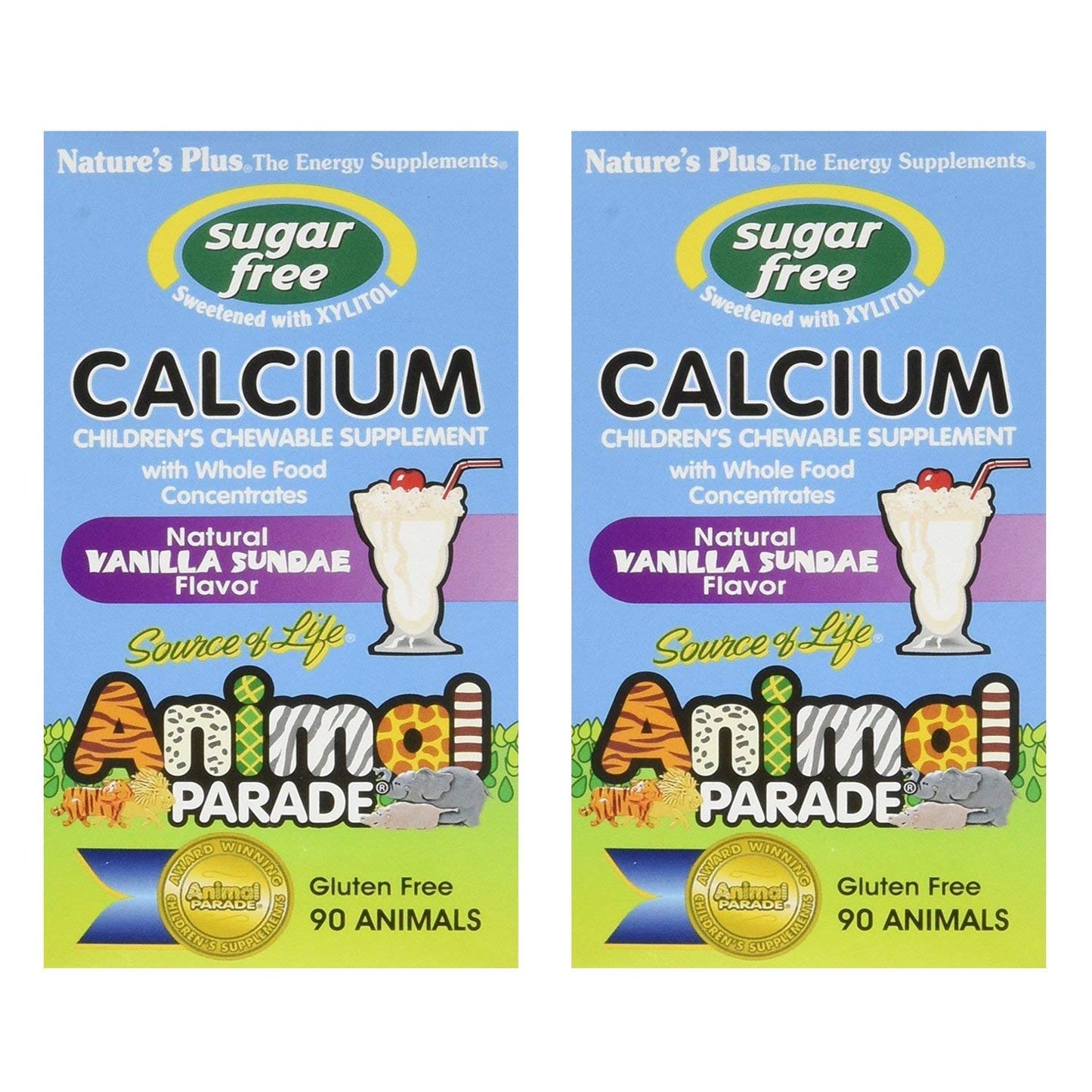 NaturesPlus Animal Parade Calcium – Sugar-Free Vanilla Sundae Chewables, 2-Pack