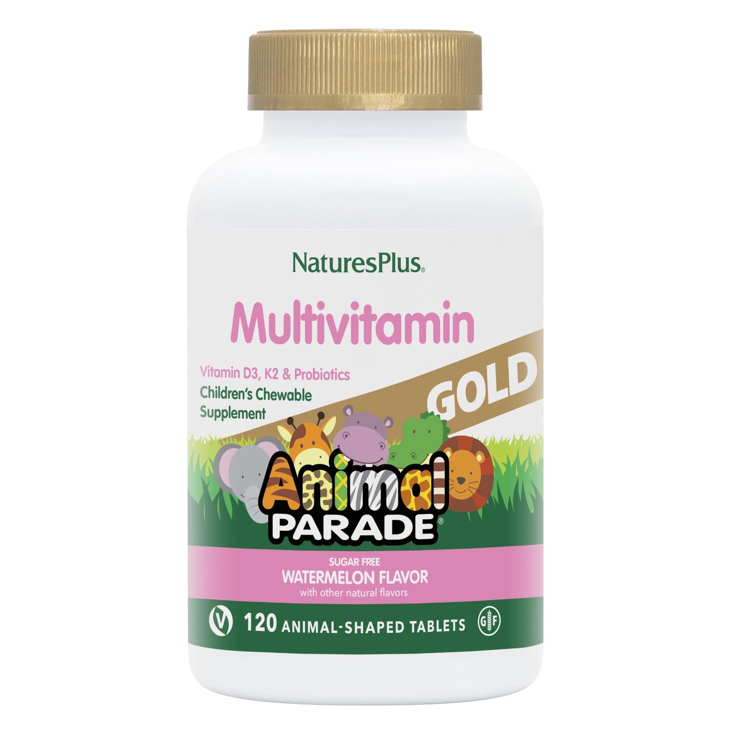 NaturesPlus Animal Parade Gold Kids Multivitamin — Watermelon Chewables, 2-Pack, D3, K2, Probiotics, Vegan & Gluten Free