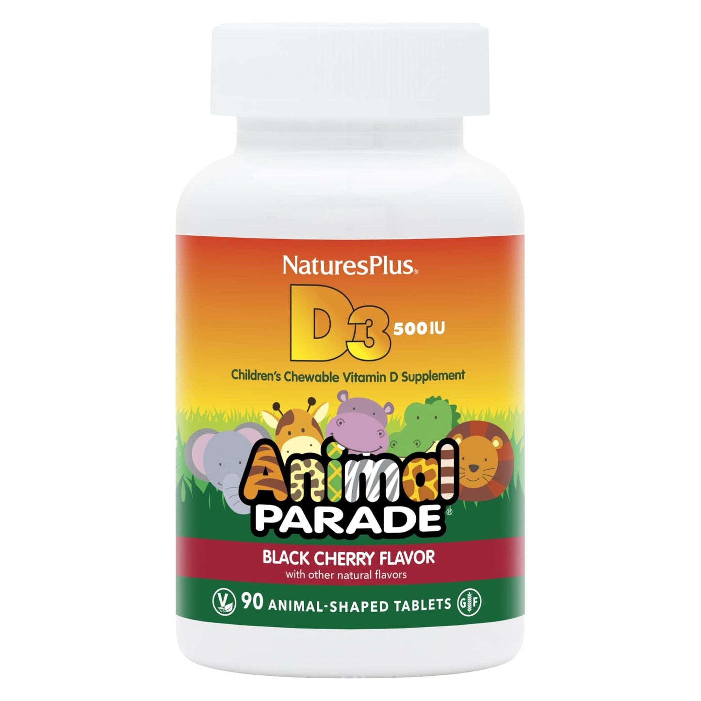 NaturesPlus Animal Parade Vitamin D3 Kids Chewables | Black Cherry Flavor, 90 Tablets – Gluten Free, Vegetarian