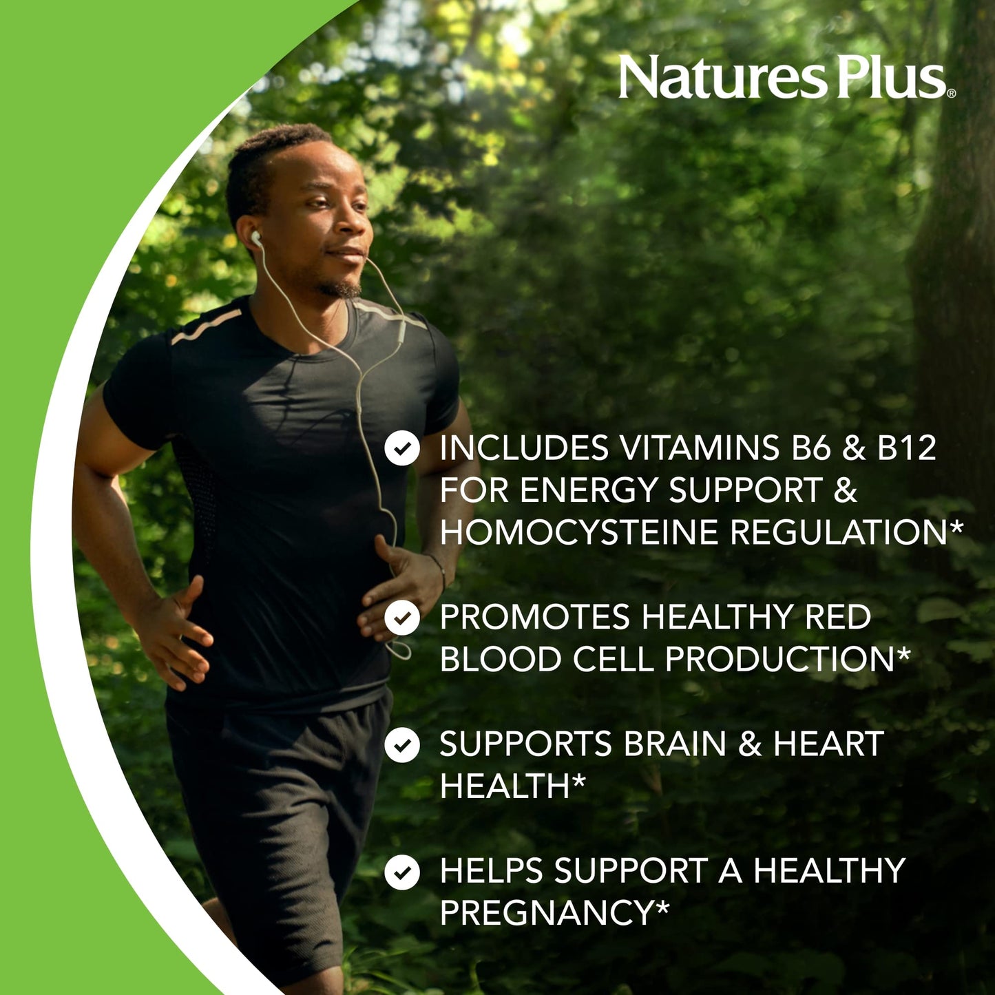 NaturesPlus Folic Acid Hearts (Methylfolate) - 400 mcg, 90 Veg Tablets + B6 & B12 - Gluten Free - Pack of 2