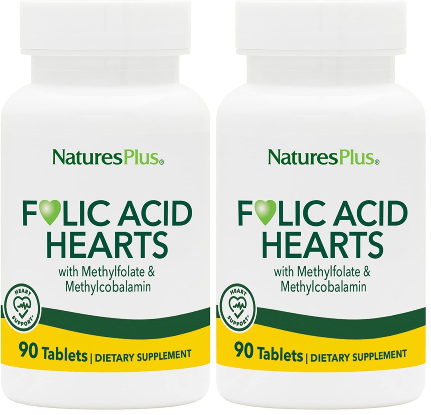 NaturesPlus Folic Acid Hearts (Methylfolate) - 400 mcg, 90 Veg Tablets + B6 & B12 - Gluten Free - Pack of 2