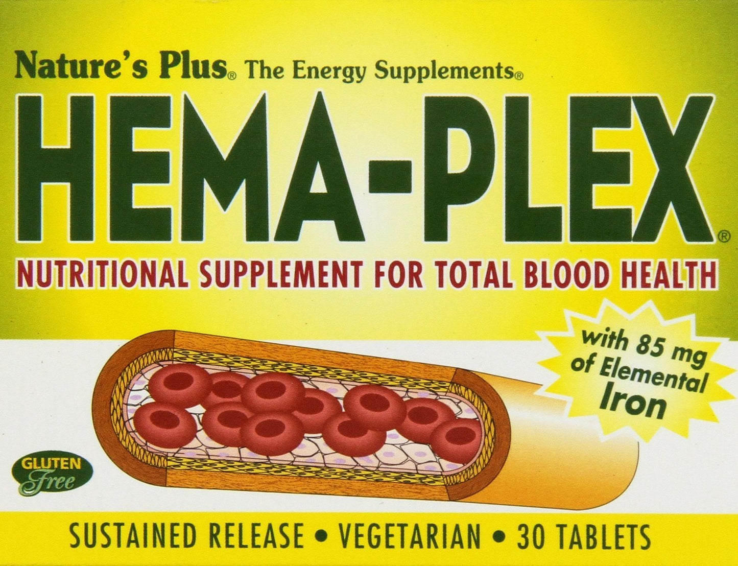 NaturesPlus Hema-Plex Iron - 85 mg Chelated Iron, 30 Slow-Release Tablets (Pack of 6) - Gluten Free & Vegetarian