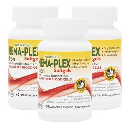 Nature's Plus Hema-Plex Iron – 60 Softgels (3 Pack) | 85 mg Iron + Vitamin C