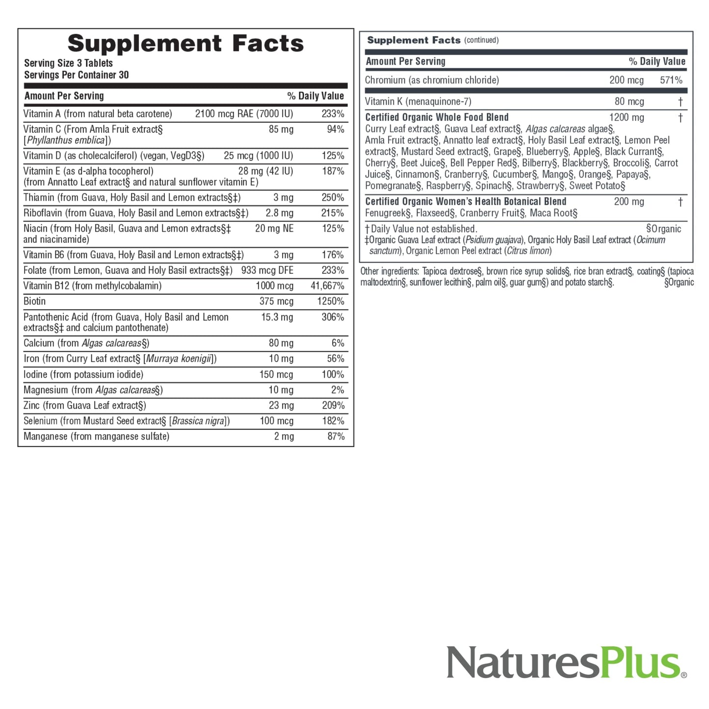 NaturesPlus Source of Life Garden Organic Women's Multivitamin - 90 Vegan Tablets (30 Servings)