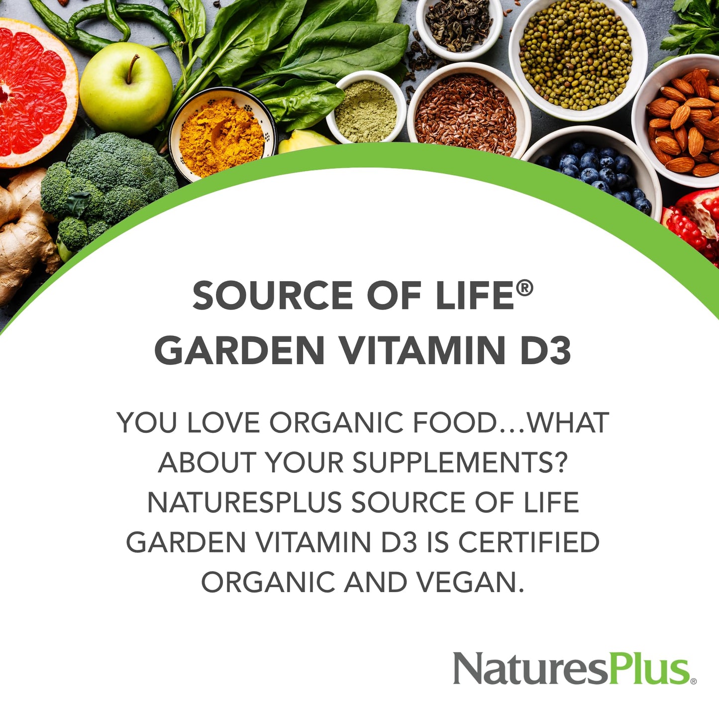 NaturesPlus Source of Life Garden Vitamin D3-60 Vegan Capsules, Pack of 3 | Organic, Non-GMO, Gluten Free | 90 Servings