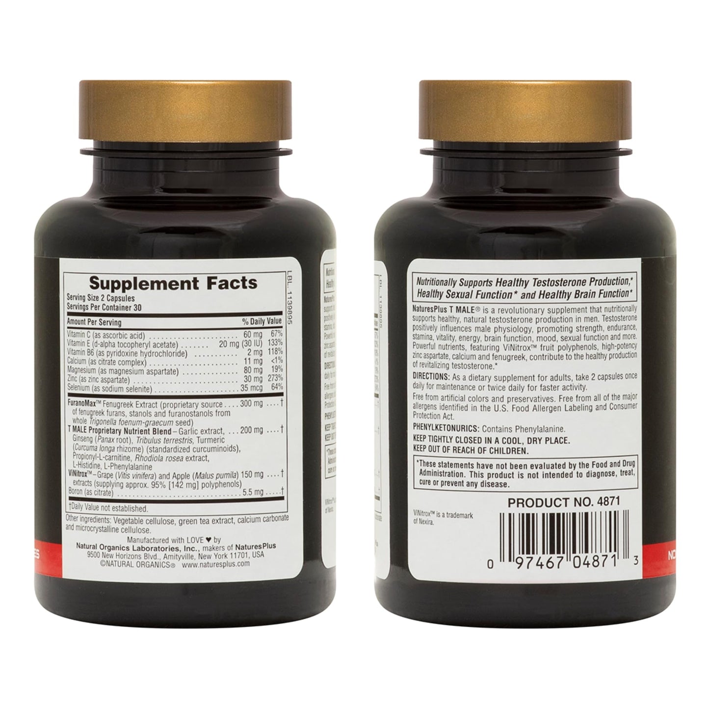 NaturesPlus T-Male – Gluten Free 2-Pack (60 Veg Capsules) with Ginseng & Rhodiola