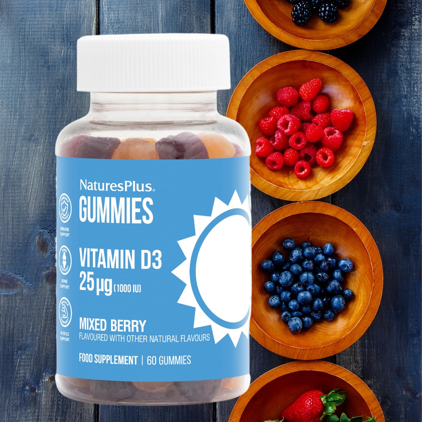 NaturesPlus Vitamin D3 1000 IU Gummies – 60 Gummies, Mixed Berry | Vegan, Gluten Free