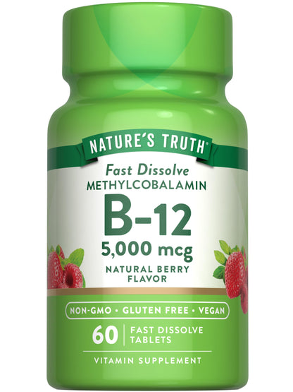 Nature's Truth B12 Vitamin 5000 mcg - 60 Tablets - Fast Dissolve Berry Flavor - Vegan, Non-GMO & Gluten-Free