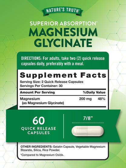 Nature's Truth Magnesium Glycinate 200mg – 60 Count | Non-GMO, Gluten Free
