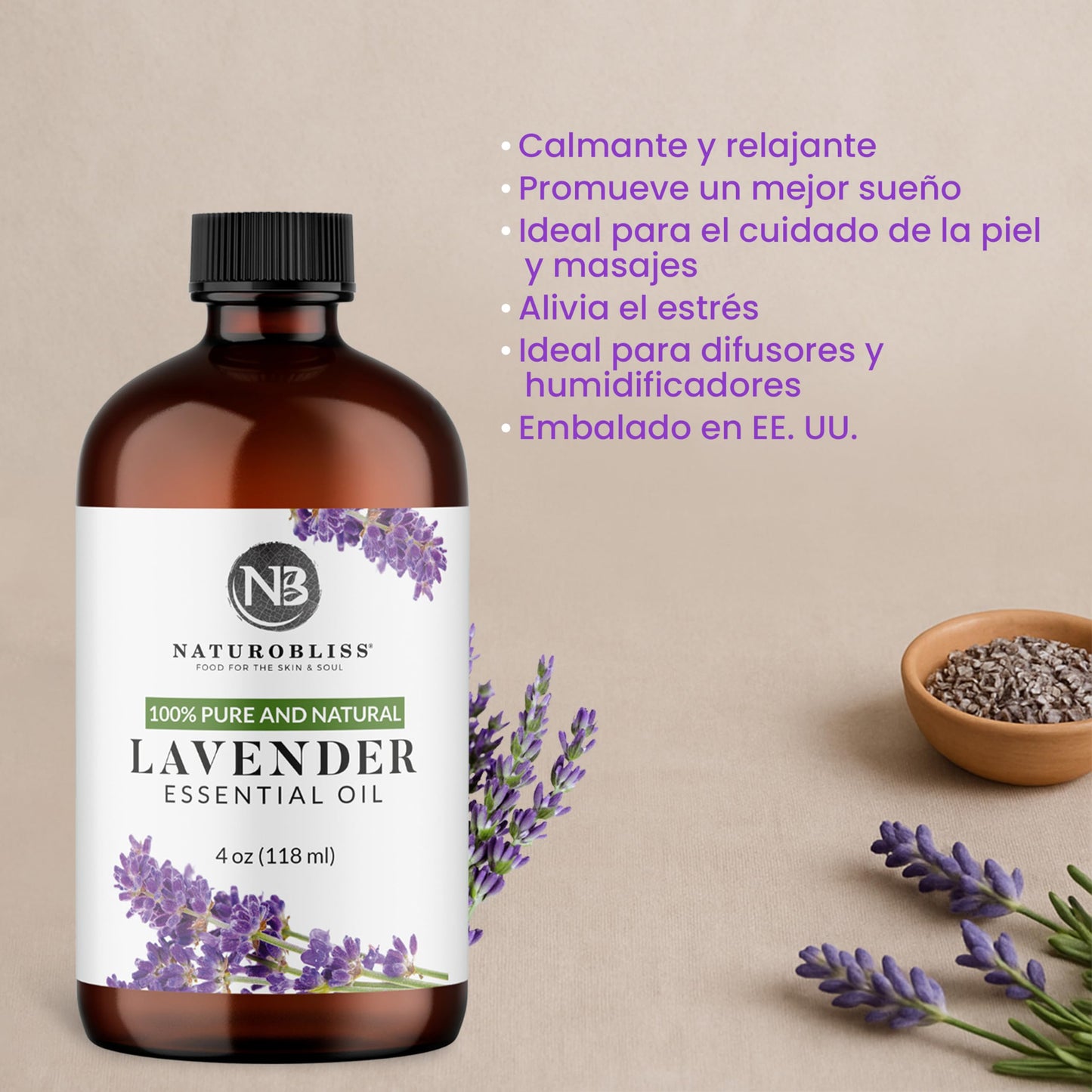 NaturoBliss 100% Pure Lavender Essential Oil – Therapeutic Grade, Premium Quality, 4 fl oz with Glass Dropper