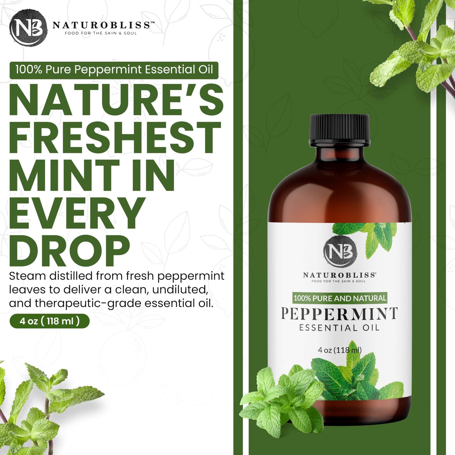 NaturoBliss Peppermint Essential Oil 4 oz | 100% Pure & Therapeutic Grade